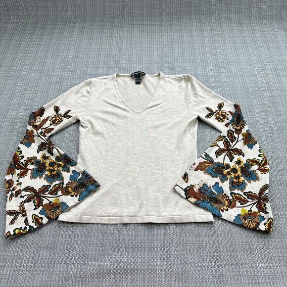 Boho Bell Sleeve‎ Knit Top INC V-Neck Floral Embroidered Y2K Retro Small - Picture 1 of 9